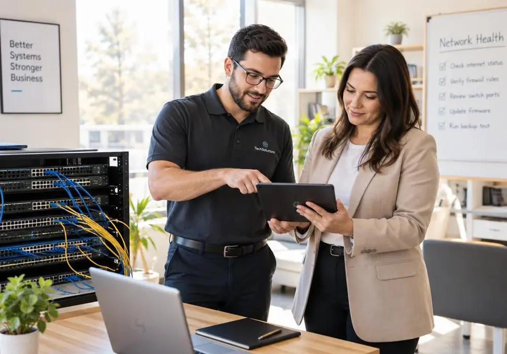 SNS technician reviewing systems with a business owner